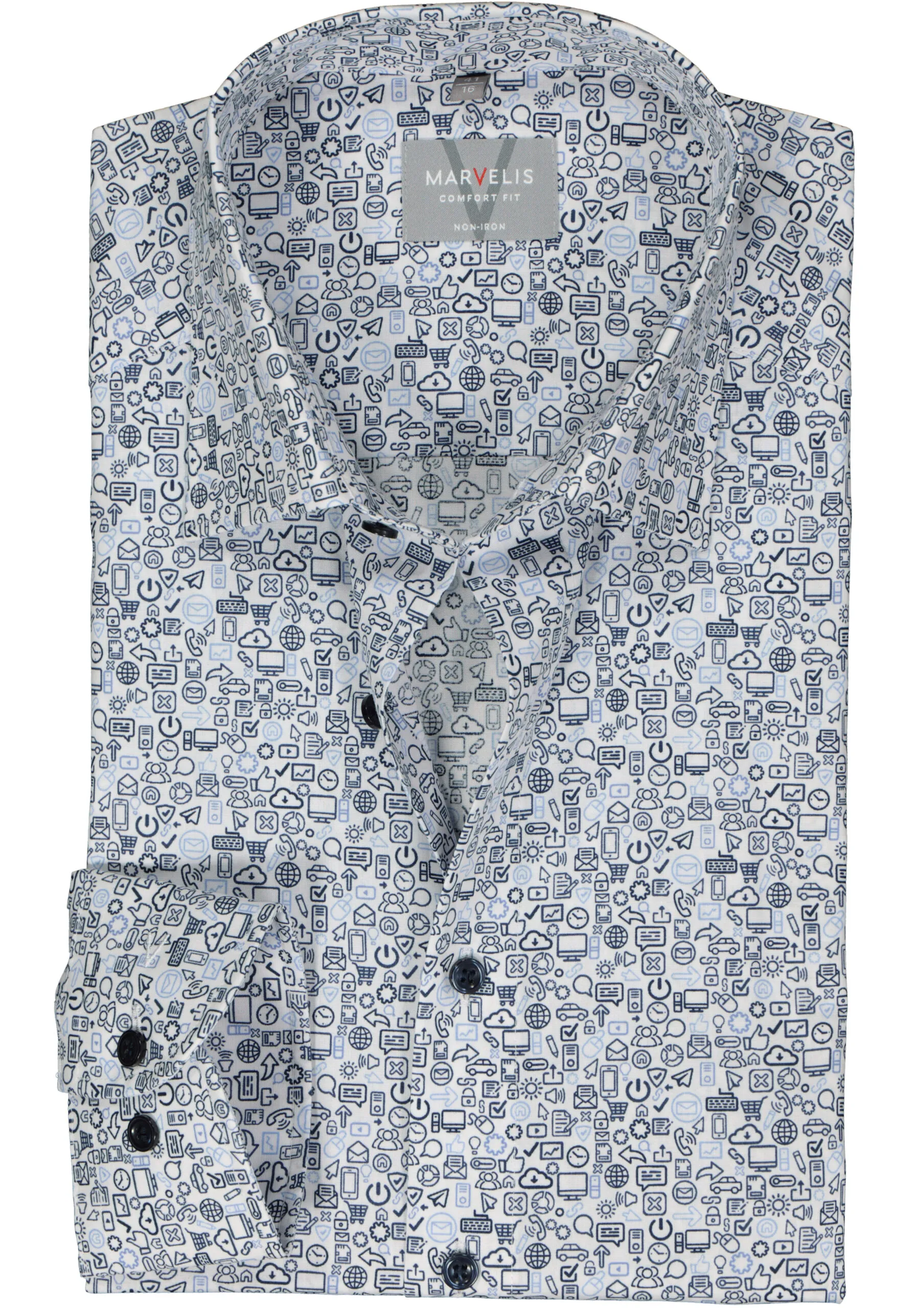 -----Marvelis overhemd lange mouw wit met blauw fantasie design strijkvrij----